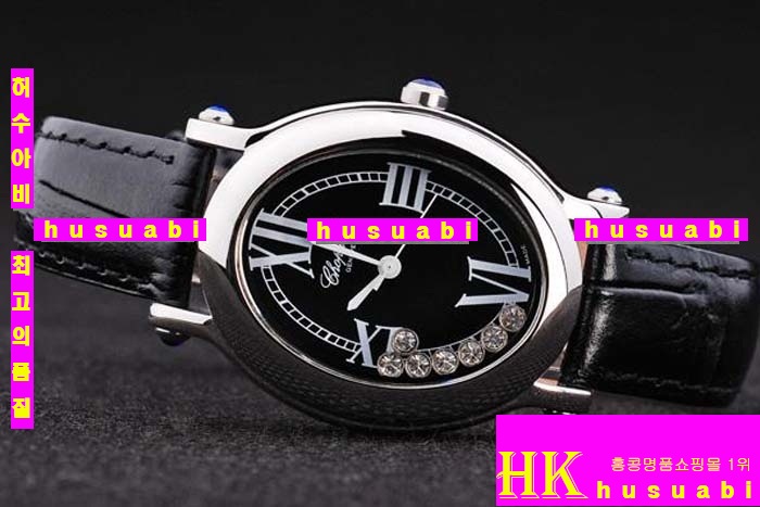 ĵ ڽð Replica Chopard Japanese Quartz MOVEMENT Polished Case Black Leather Bracelet Women. sa-8